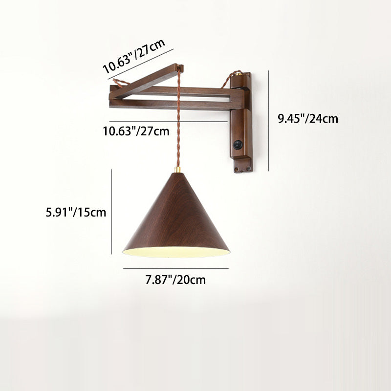 Swing Arm Cone Wood Wall Lamp