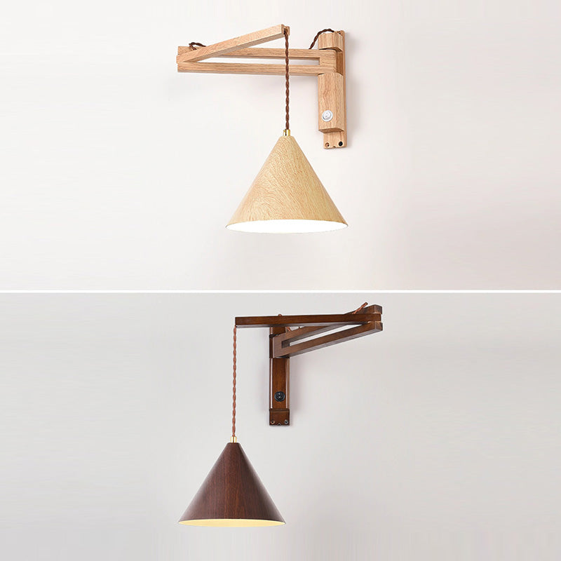 Swing Arm Cone Wood Wall Lamp