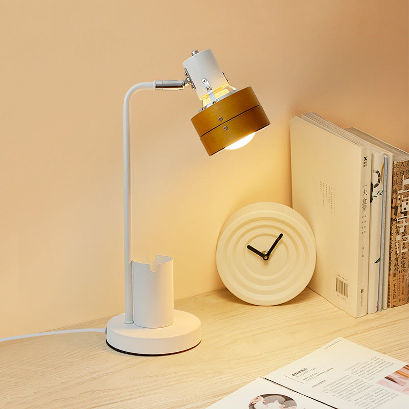 Round Wood Iron Frame Table Lamp