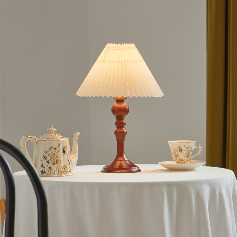 Solid Wood Pleated Fabric Table Lamp