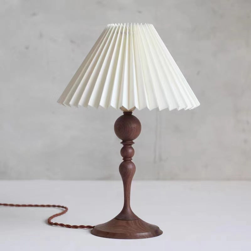 Solid Wood Pleated Fabric Table Lamp