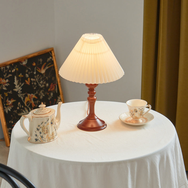 Solid Wood Pleated Fabric Table Lamp
