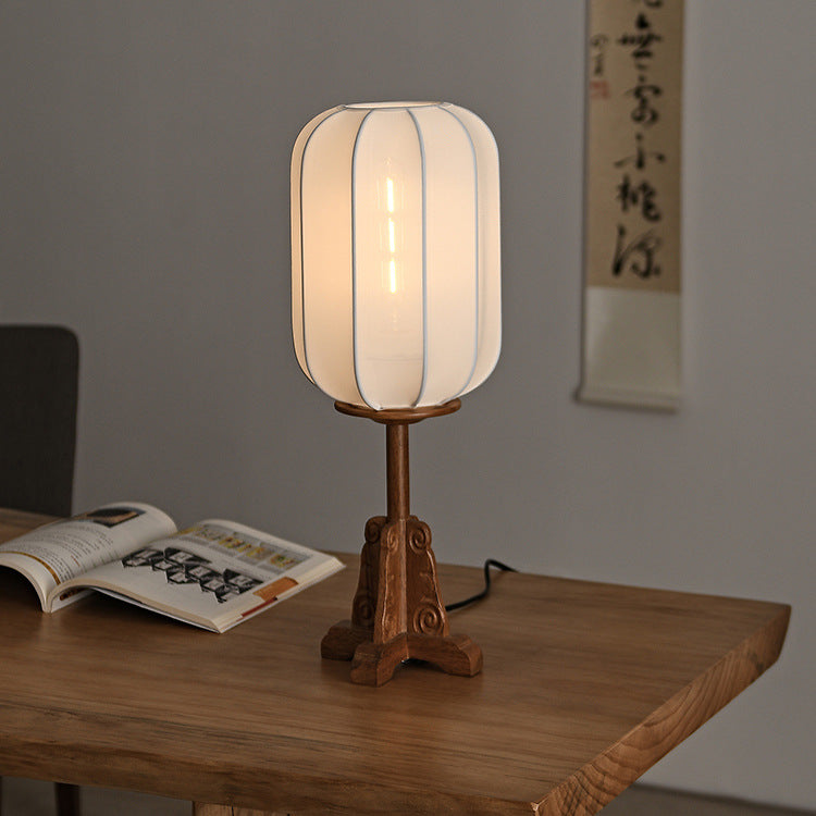 Cylindrical Wood Silk Living Table Lamp