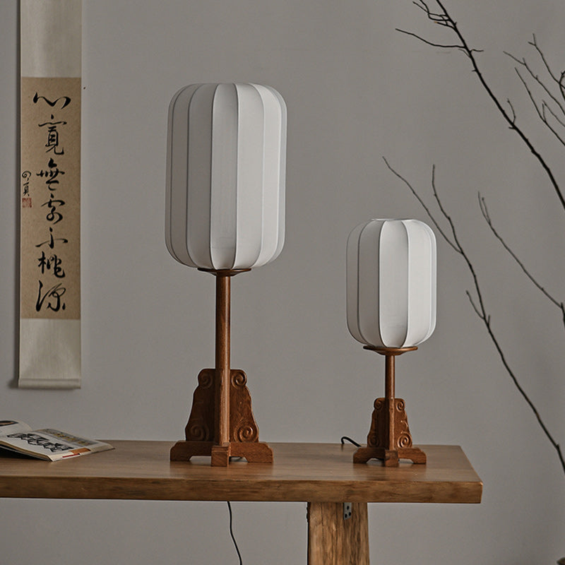 Cylindrical Wood Silk Living Table Lamp