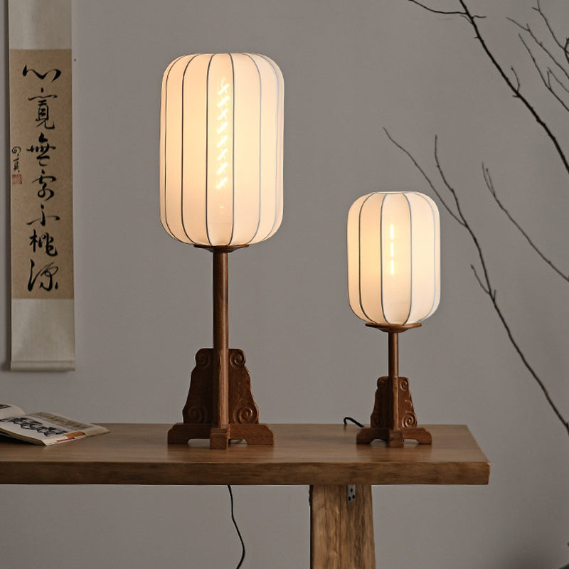 Cylindrical Wood Silk Living Table Lamp