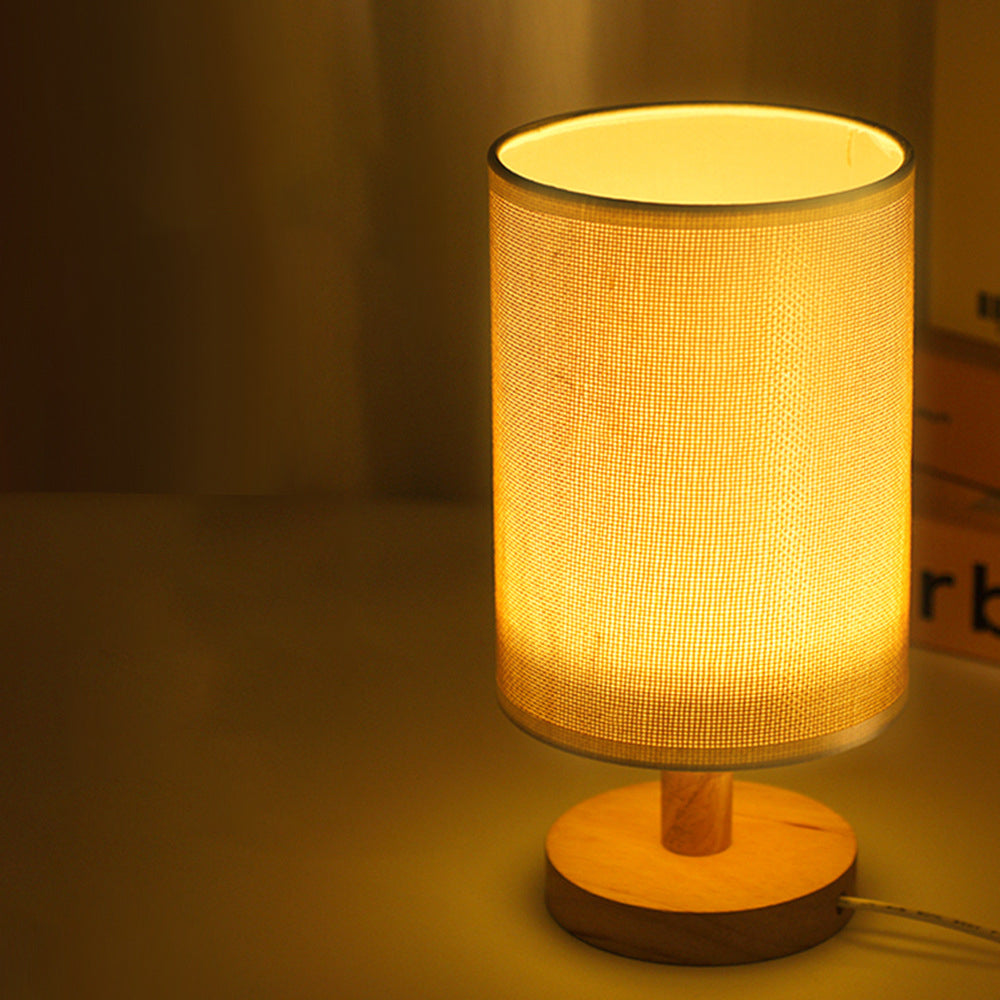 Cylindrical Wooden Fabric Bedroom Table Lamp