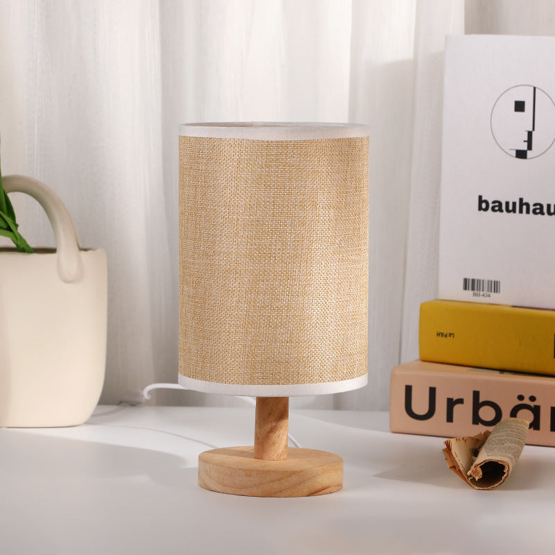 Cylindrical Wooden Fabric Bedroom Table Lamp