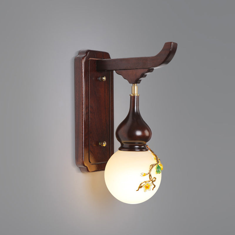 Round Gourd Wood Brass Wall Lamp