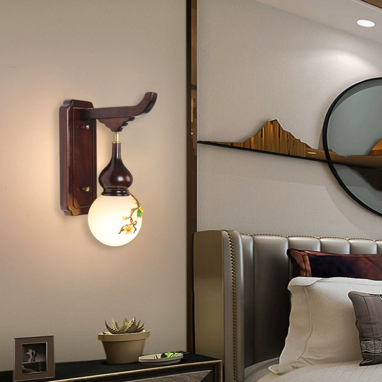 Round Gourd Wood Brass Wall Lamp