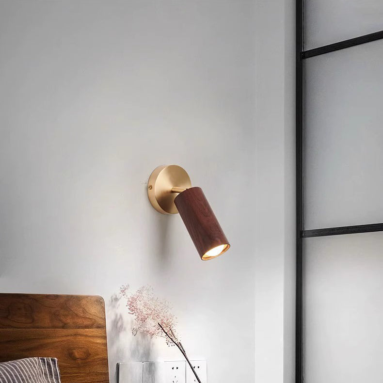 Round Cylinder Copper Wood Wall Lamp
