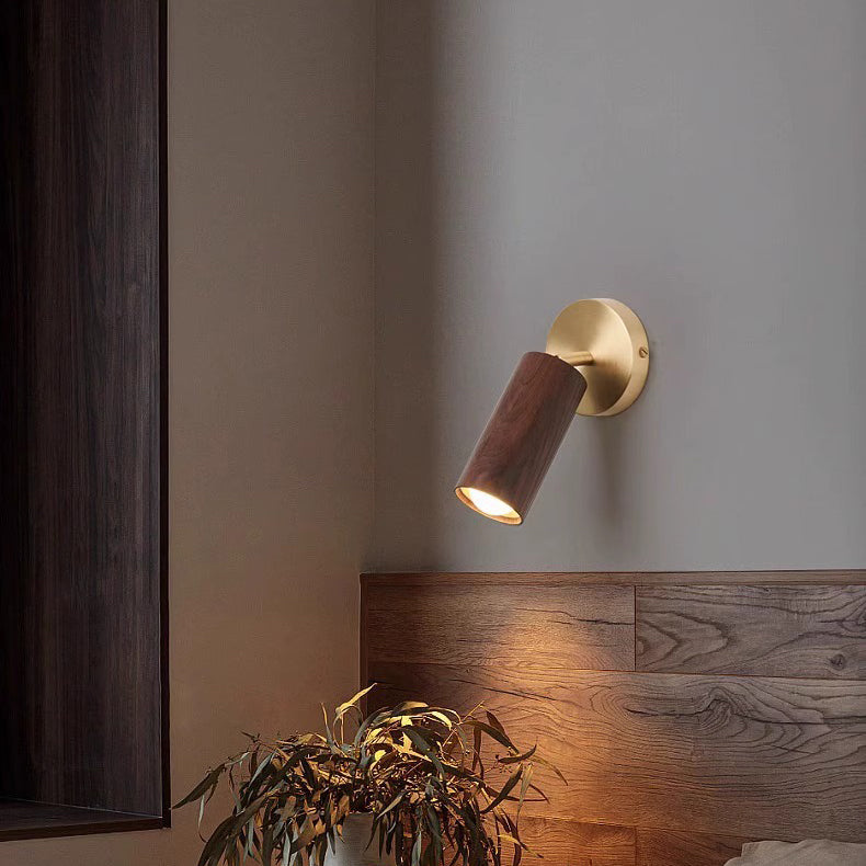 Round Cylinder Copper Wood Wall Lamp