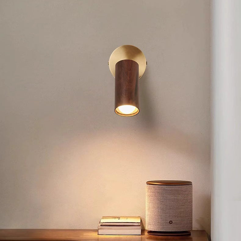 Round Cylinder Copper Wood Wall Lamp