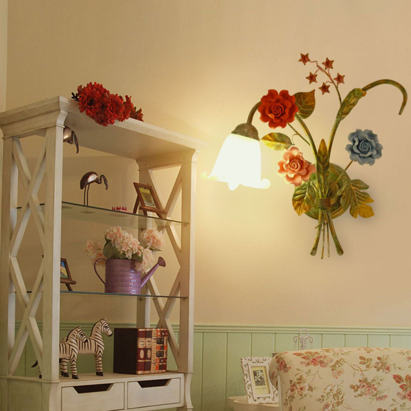 Faux Flower Iron Frame Wall Lamp