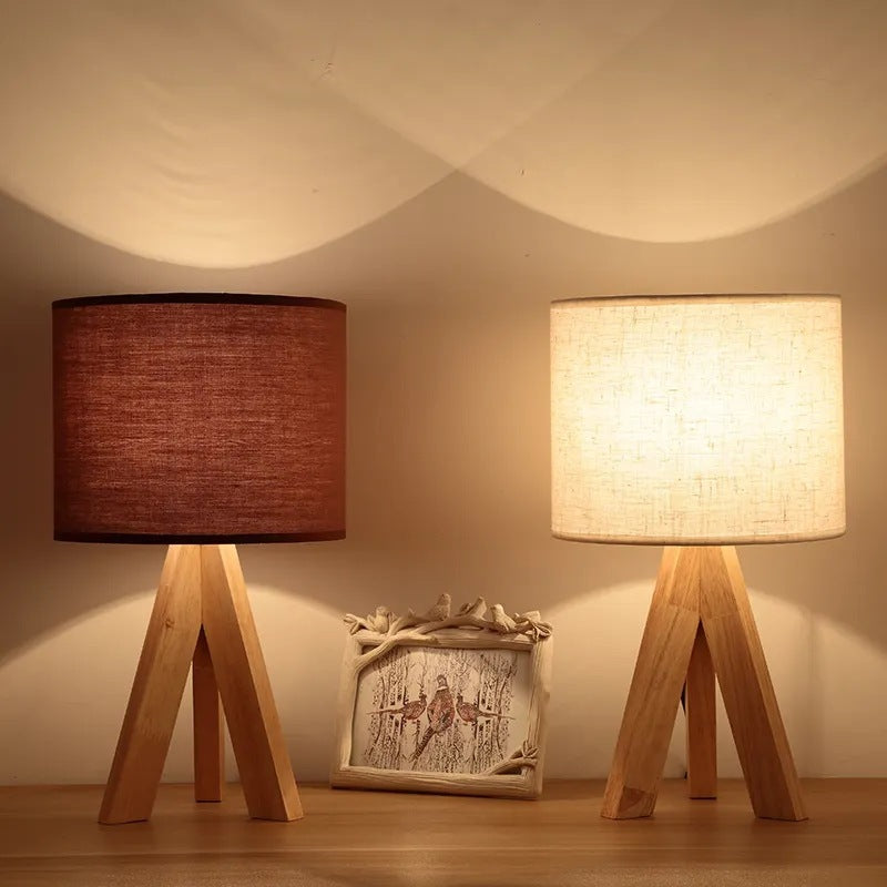 Round Tripod Wooden Fabric Table Lamp