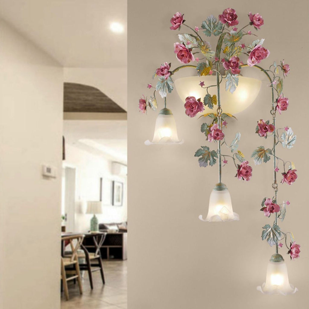 Floral Leaf Iron Glass 5-Light Wall Lamp