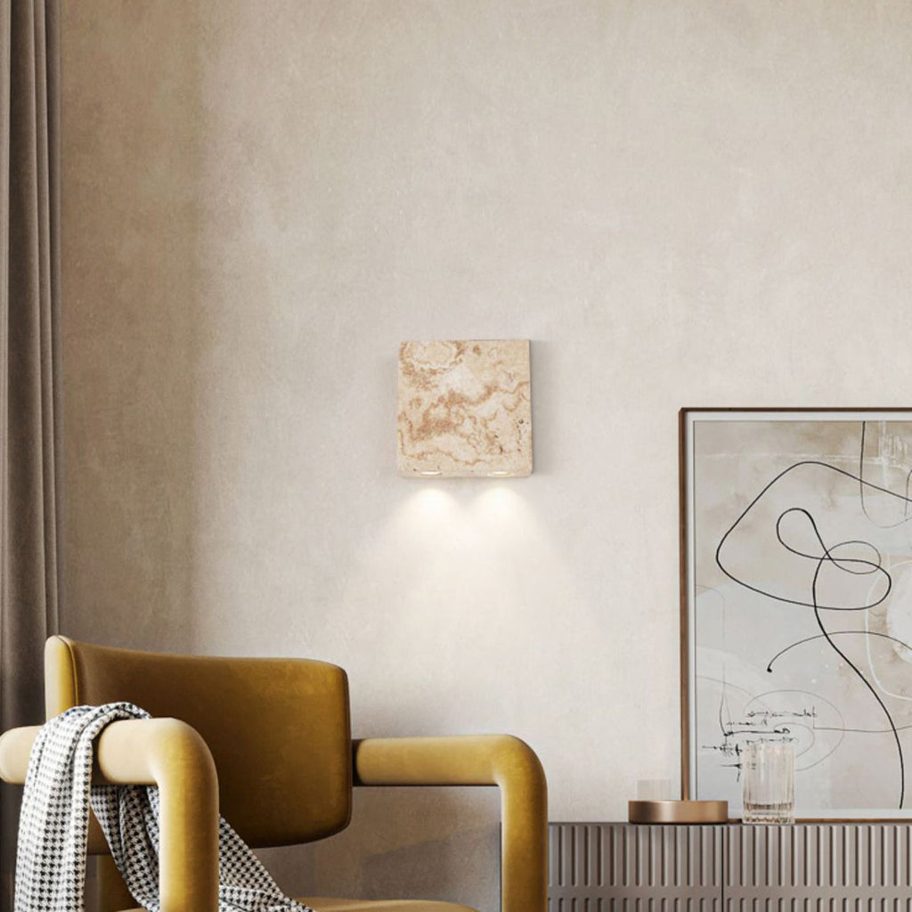 Square Yellow Travertine Glass 2-Light Wall Lamp
