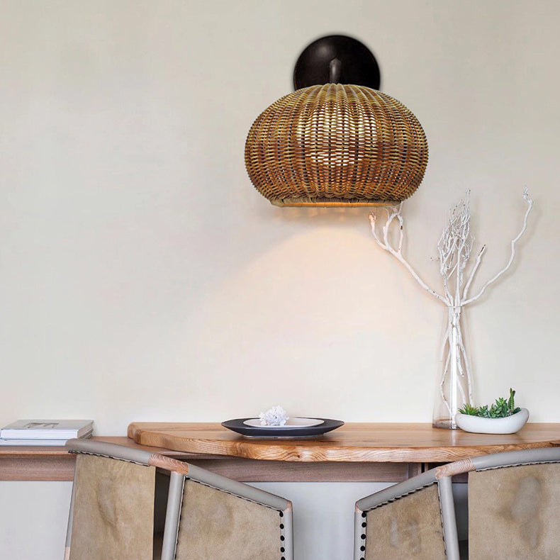 Round Rattan Iron Outdoor Light