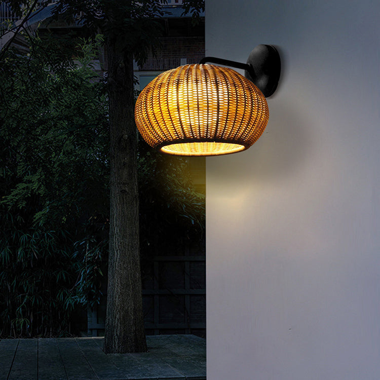 Round Rattan Iron Outdoor Light