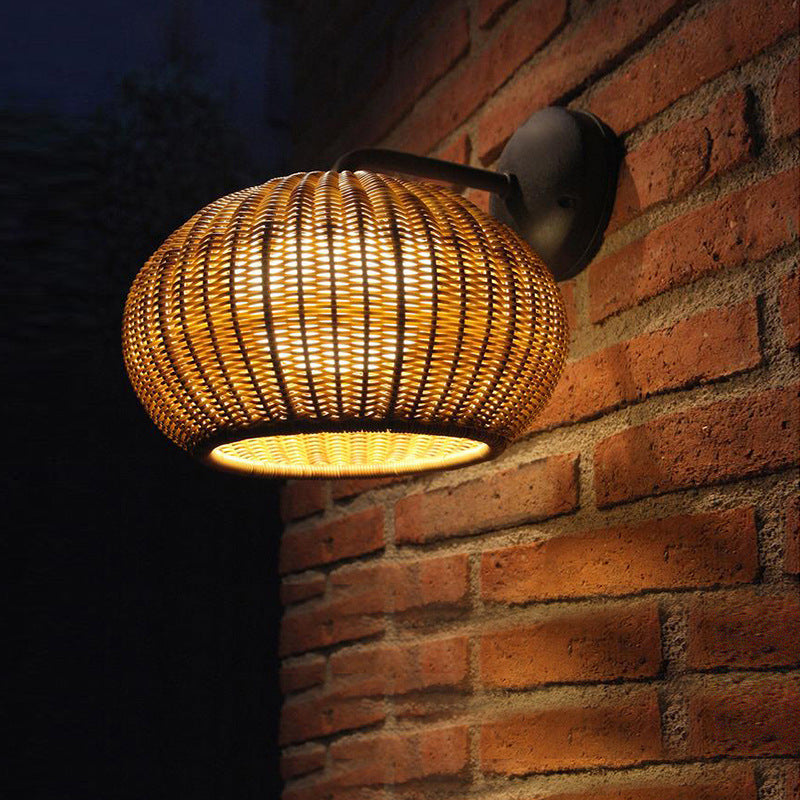 Round Rattan Iron Outdoor Light