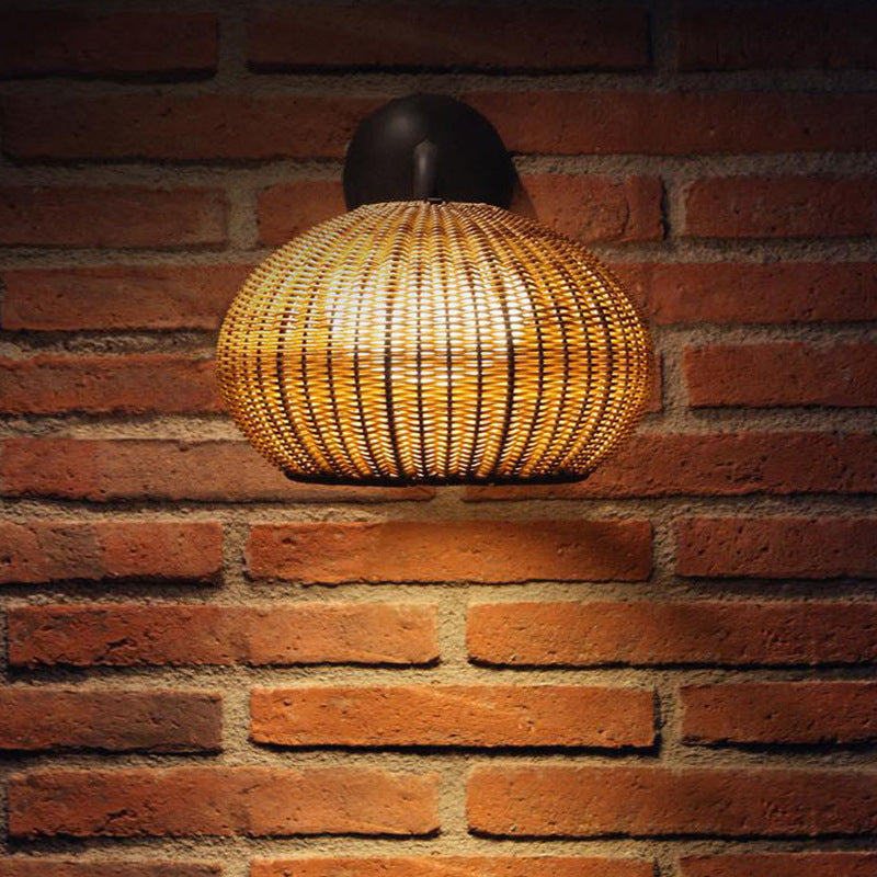 Round Rattan Iron Outdoor Light