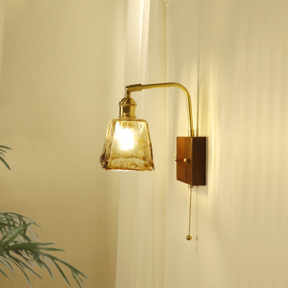 Trapezoid Copper Wood Glass Wall Lamp