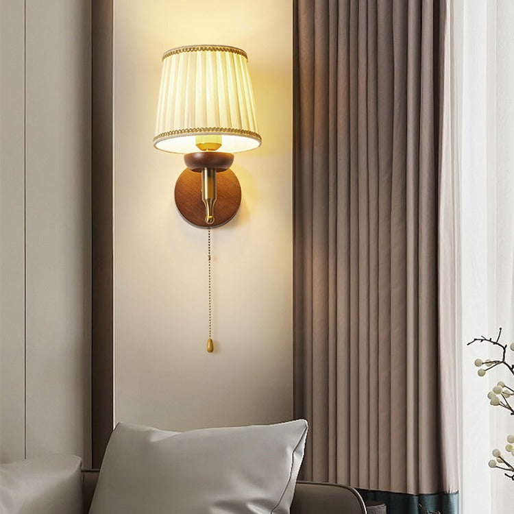 Drum Iron Wood Fabric Wall Lamp
