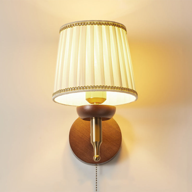 Drum Iron Wood Fabric Wall Lamp