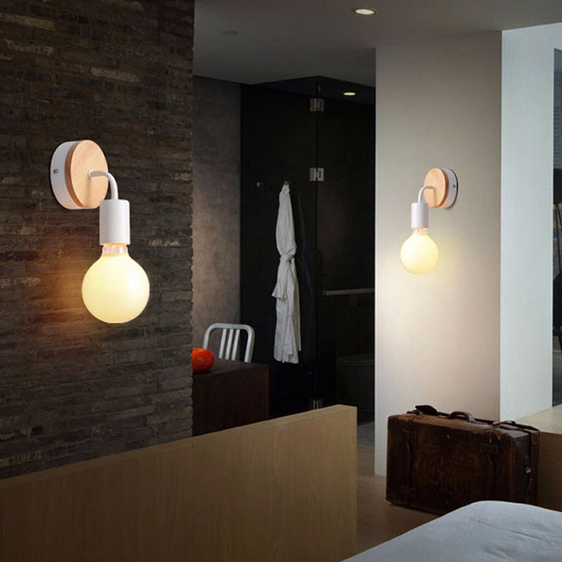 Round Wood Iron Living Wall Lamp