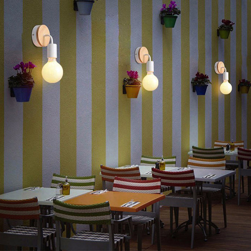 Round Wood Iron Living Wall Lamp