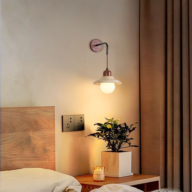 Round Stone Wood Glass Wall Lamp