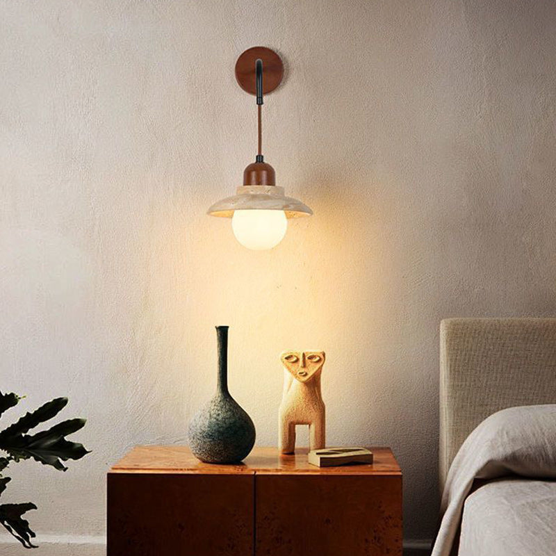 Round Stone Wood Glass Wall Lamp