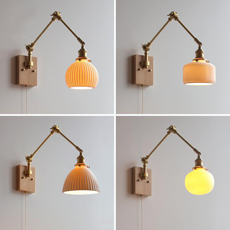 Round Wood Copper Ceramic Wall Lamp