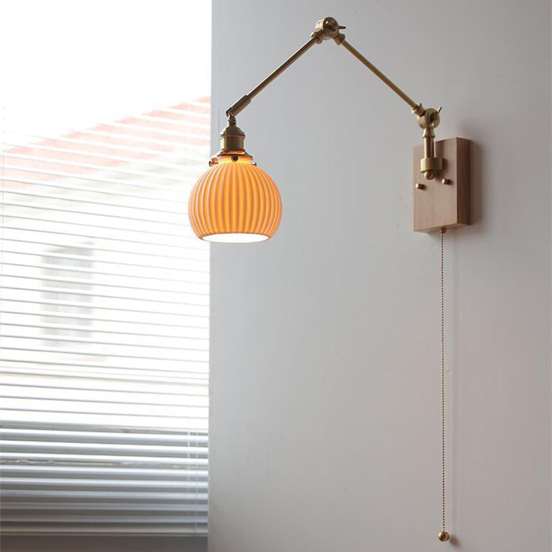 Round Wood Copper Ceramic Wall Lamp