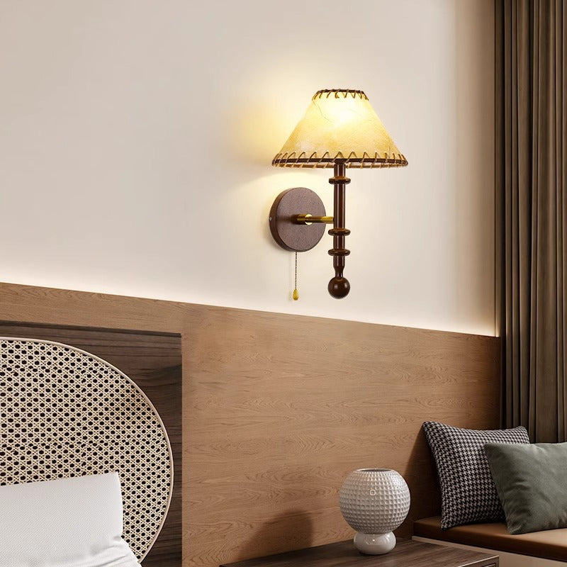 Drum Iron Wood Fabric Wall Lamp