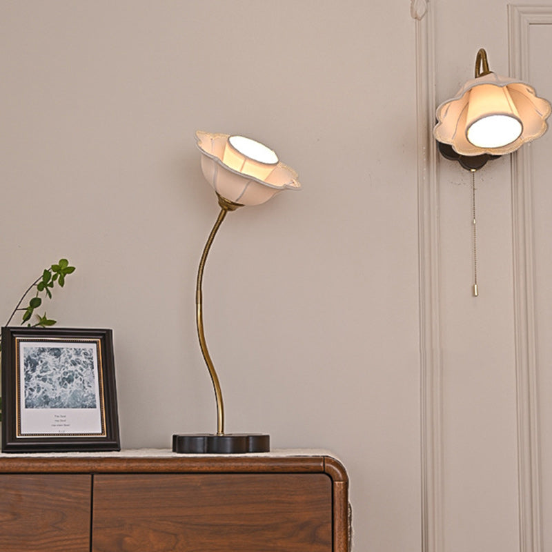 Flower Wood Copper Fabric Table Lamp