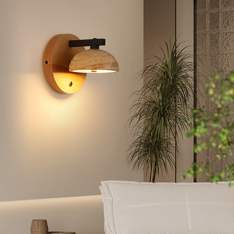 Dome Iron Wood Stone Wall Lamp