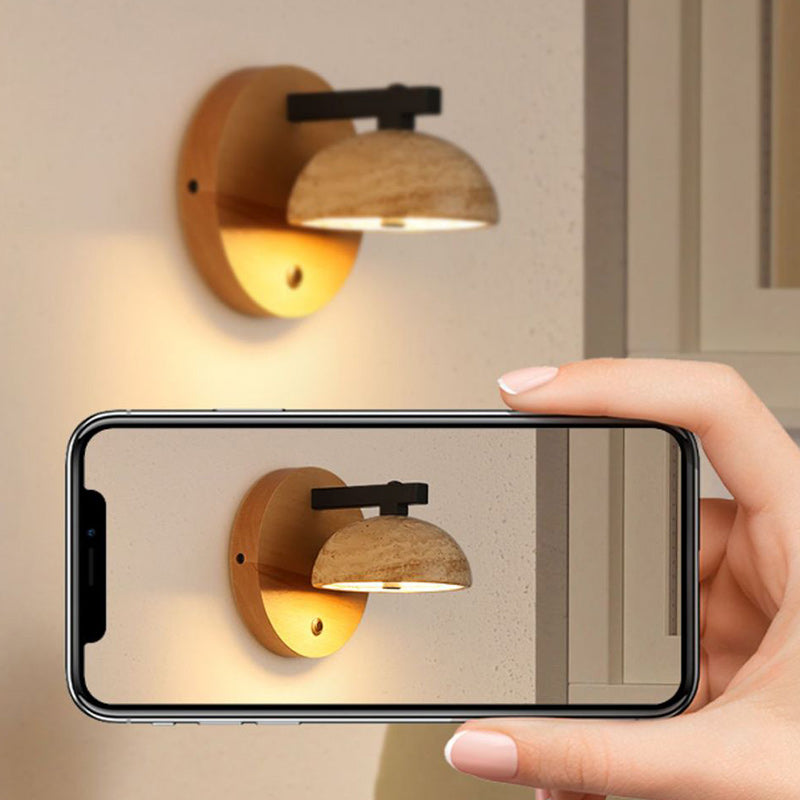 Dome Iron Wood Stone Wall Lamp