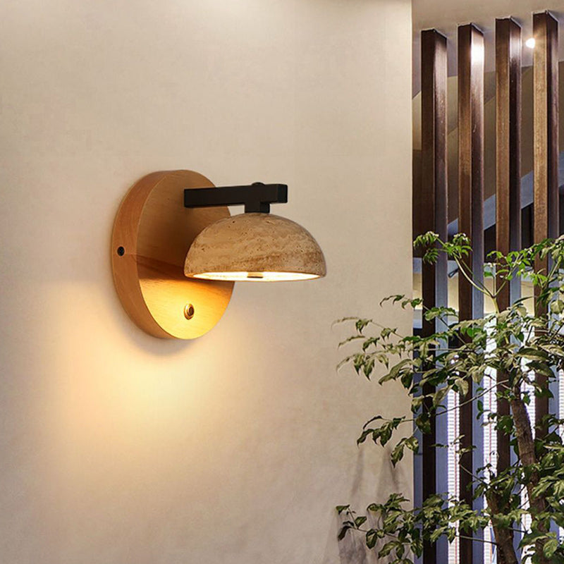 Dome Iron Wood Stone Wall Lamp