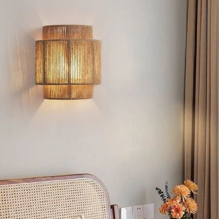 Cylinder Rattan Living Room Wall Lamp