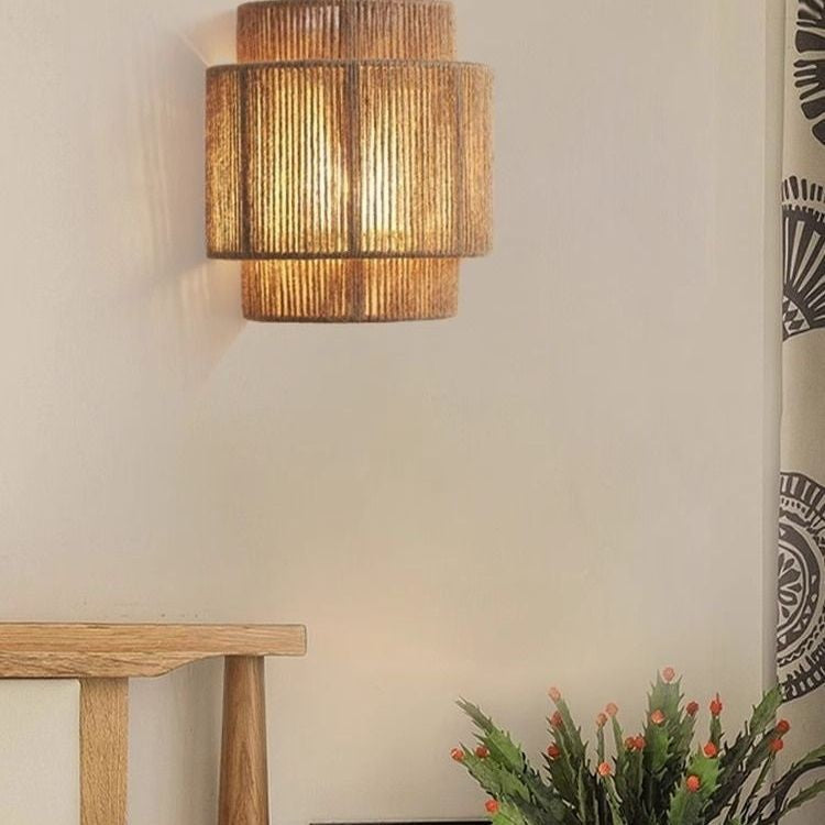 Cylinder Rattan Living Room Wall Lamp