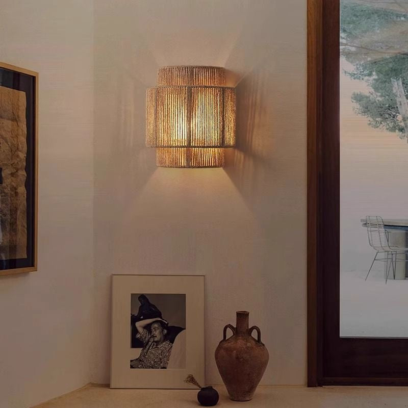 Cylinder Rattan Living Room Wall Lamp