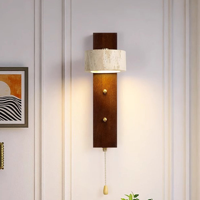 Round Wood Iron Stone Wall Lamp