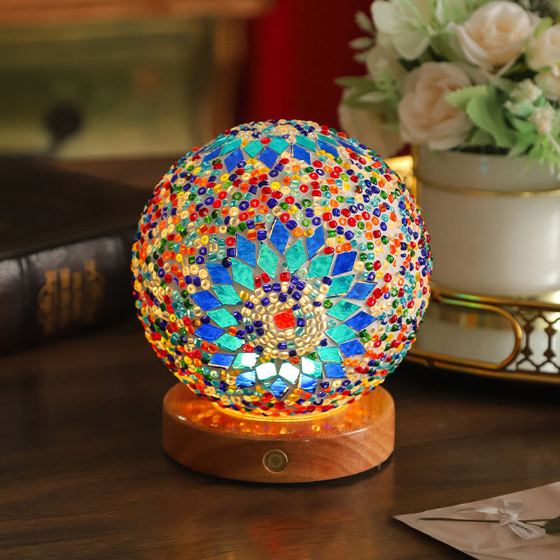 Bohemian Wood Colorful Glass Table Lamp