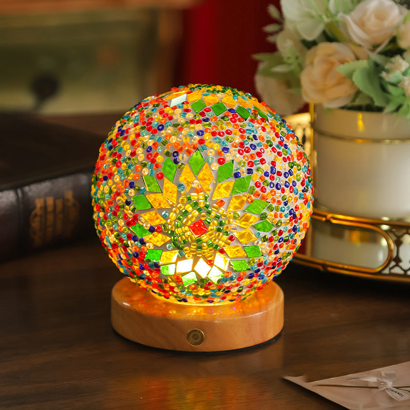 Bohemian Wood Colorful Glass Table Lamp