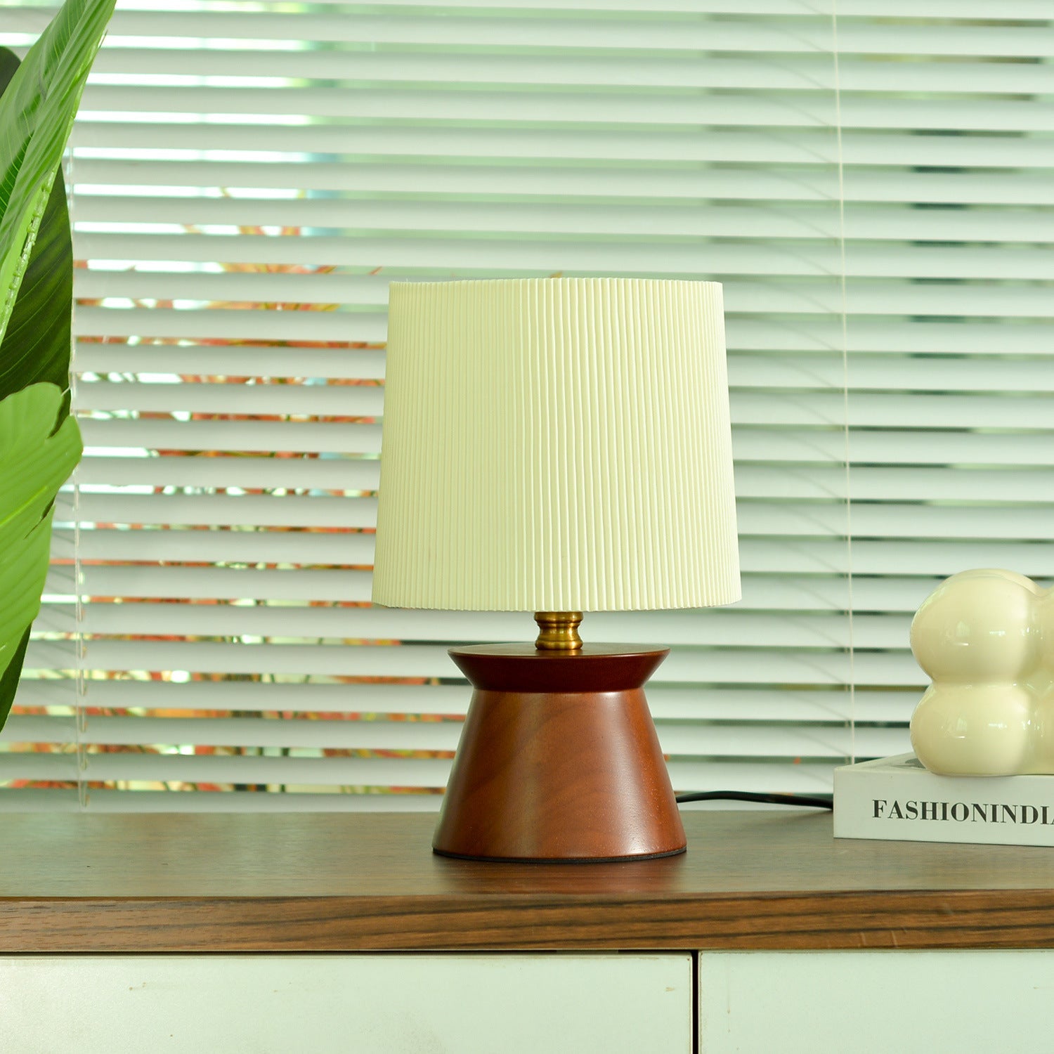 Wood Fabric Stripes Cylinder Table Lamp
