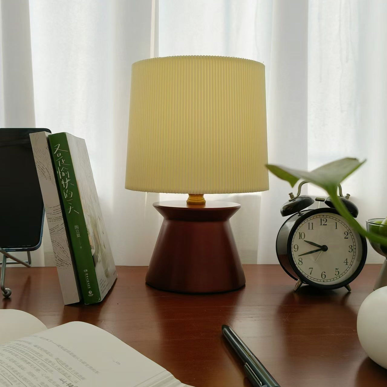 Wood Fabric Stripes Cylinder Table Lamp