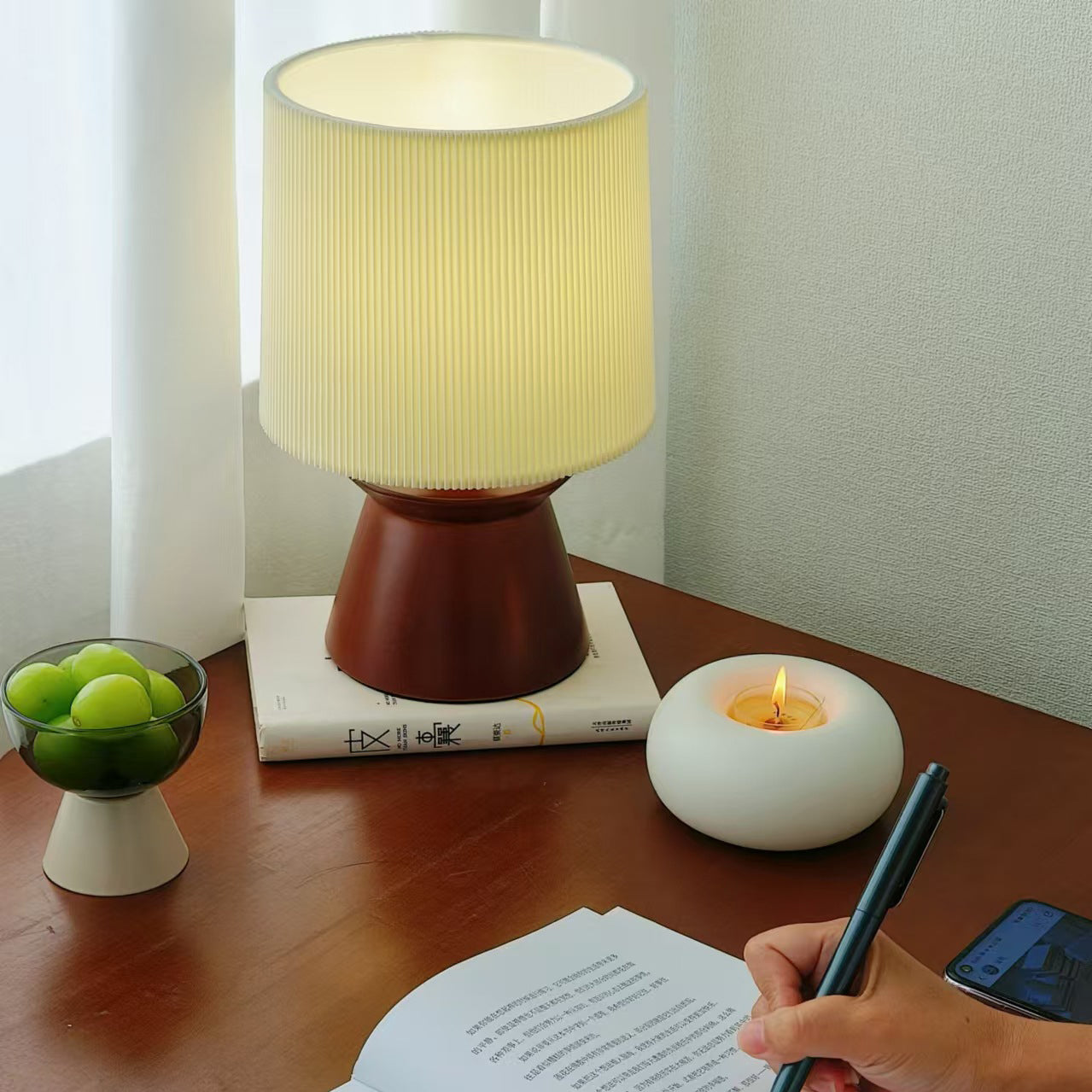 Wood Fabric Stripes Cylinder Table Lamp
