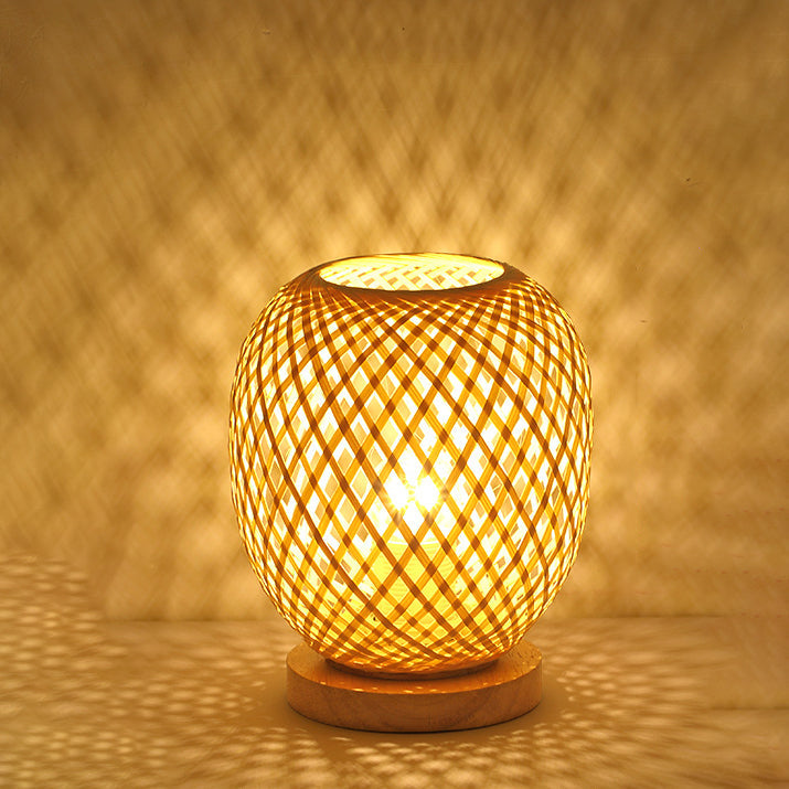 Wood Bamboo Weaving Lantern Table Lamp