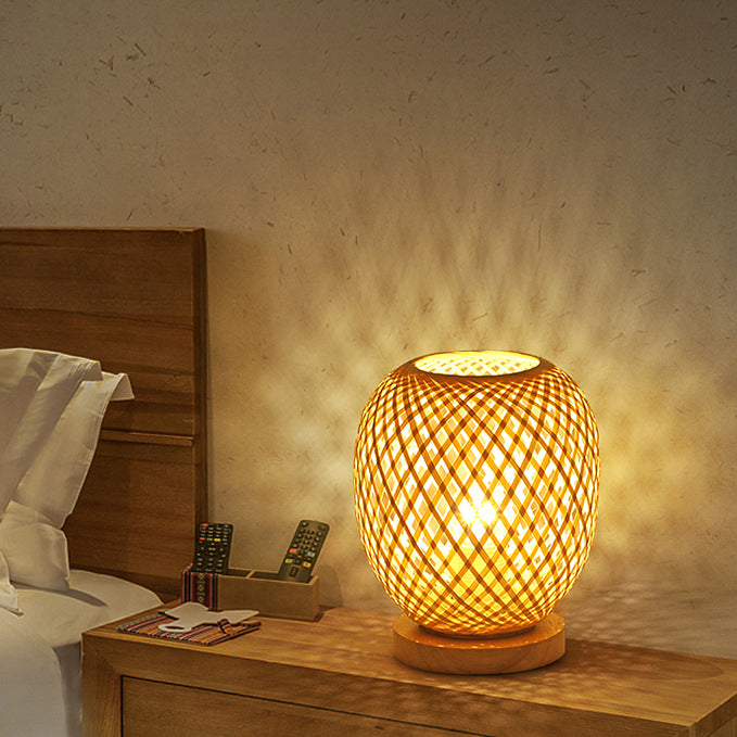 Wood Bamboo Weaving Lantern Table Lamp