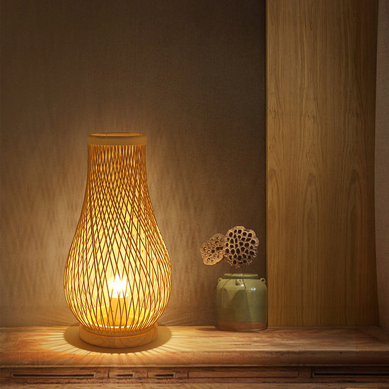 Wood Bamboo Weaving Lantern Table Lamp